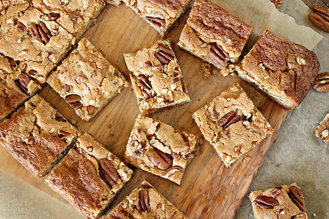 overhead view of Pecan Chewies on a cutting board.