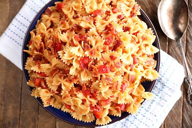 Tomato Bacon Pasta in dish on towel