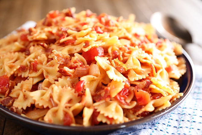 Tomato Bacon Pasta in serving dish