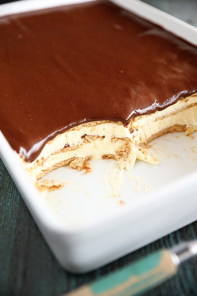 Chocolate Éclair Cake with missing slice