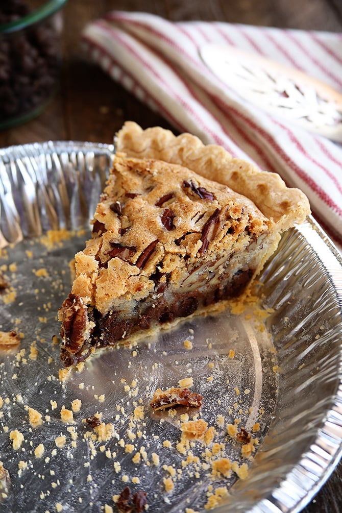Kentucky Pecan Pie slice left in baking pan