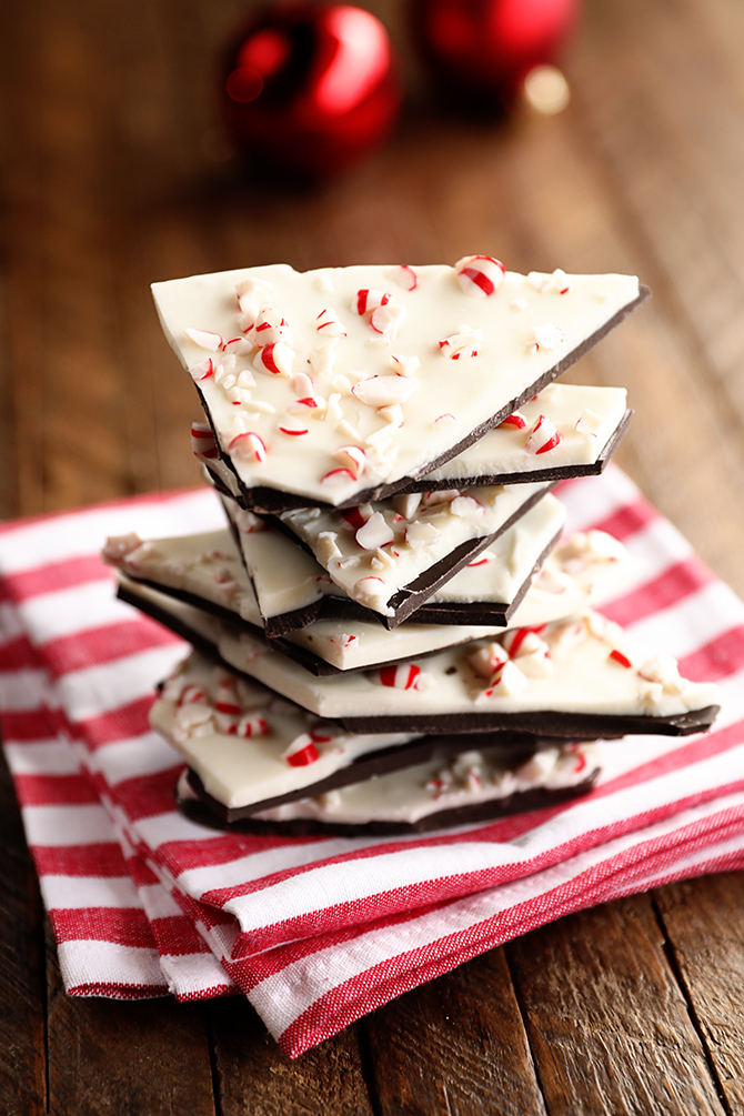 Peppermint Bark pieces on red and white stripped towel