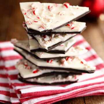 Peppermint bark pieces on red and white towel