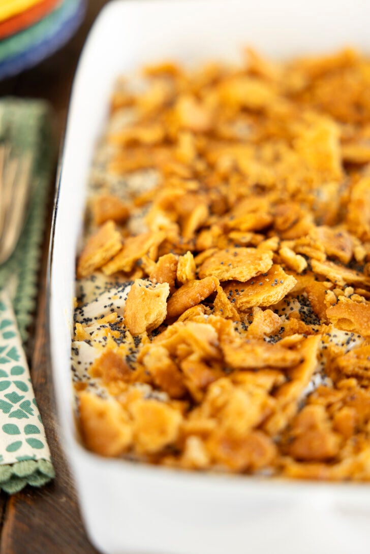 Poppy Seed Chicken Casserole in a white dish.