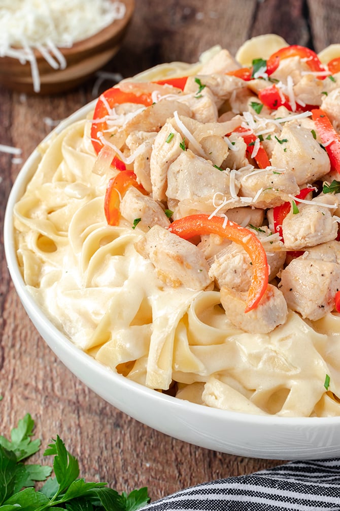 Chicken Fettuccine Alfredo in a bowl