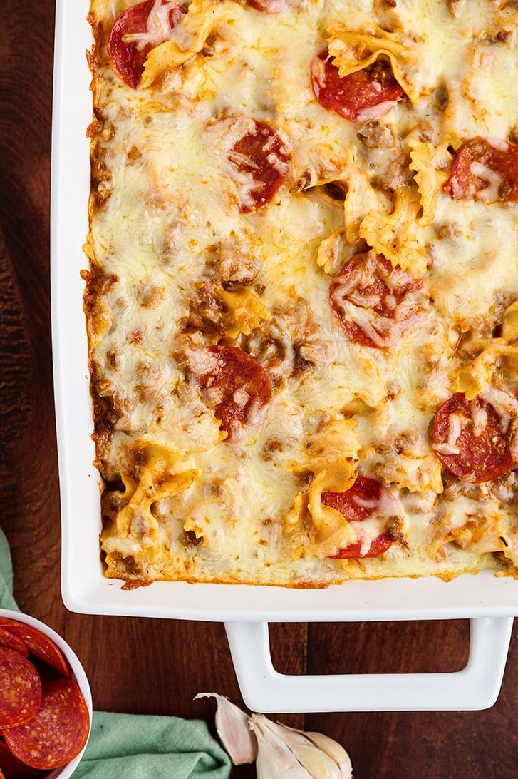 Overhead view of Cheesy Pizza Casserole in baking dish.