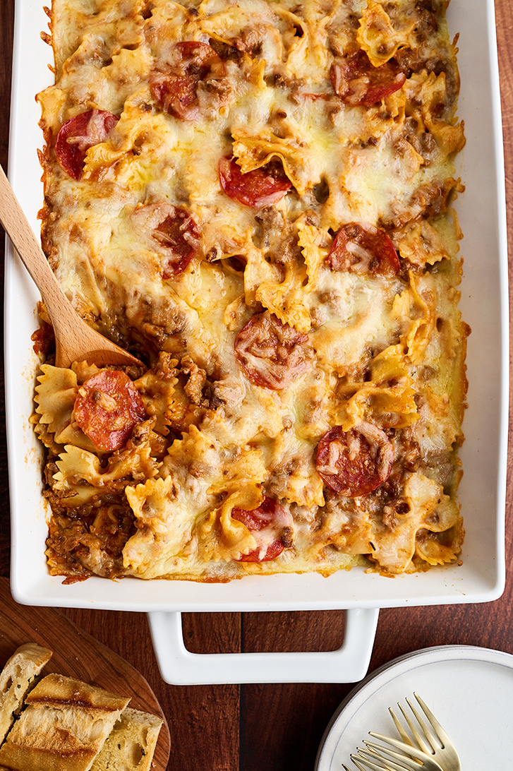 Overhead view of dish with Cheesy Pizza Casserole.