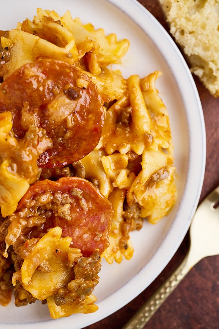 Closeup of Cheesy Pizza Casserole on a plate.