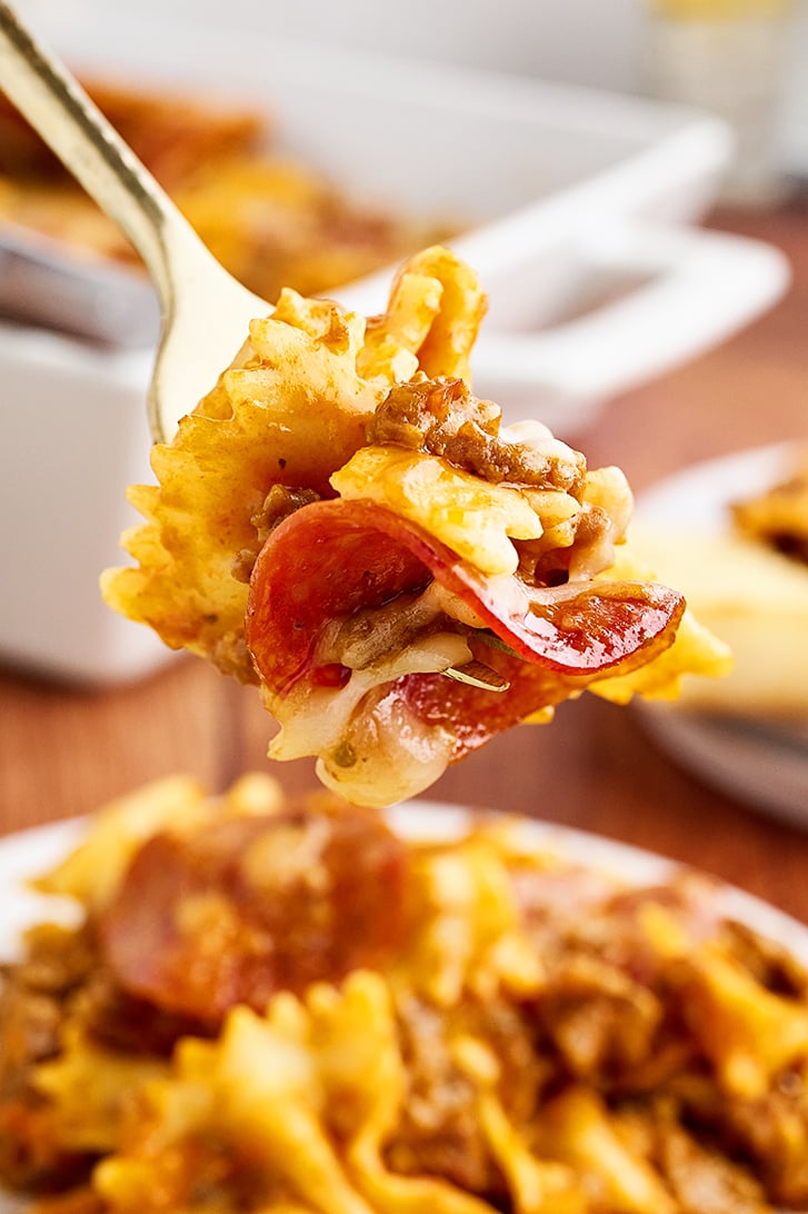 Forkful of Cheesy Pizza Casserole.