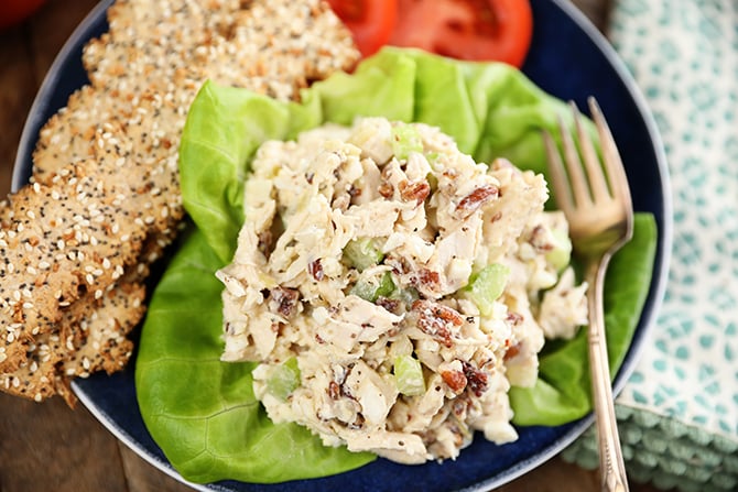 Scoop of Southern Pecan Chicken Salad on lettuce