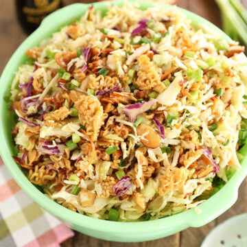 Asian Inspired Ramen Slaw in a green bowl