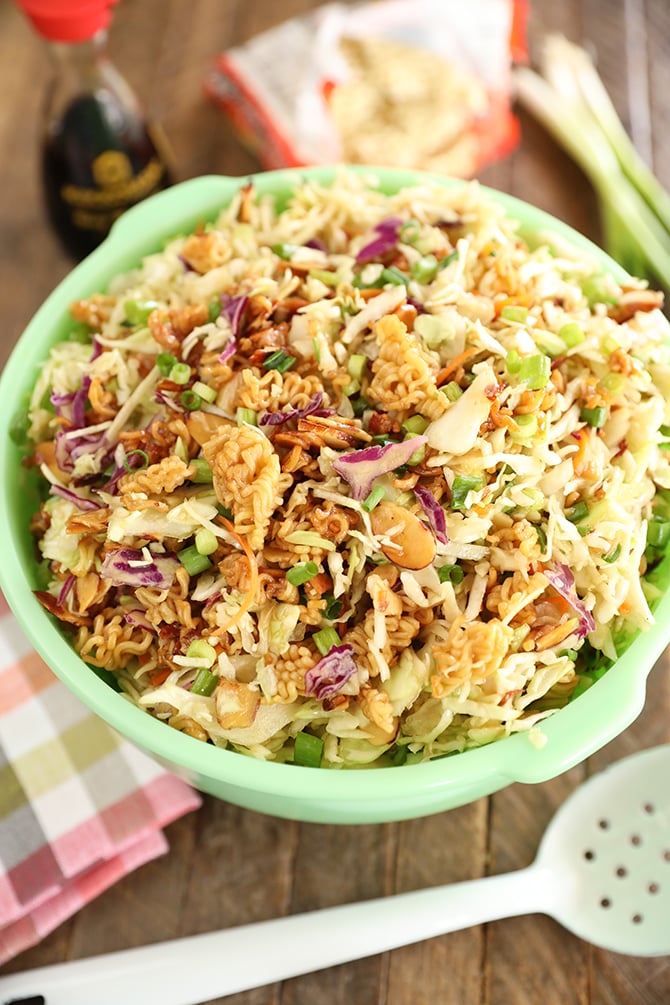 Asian Inspired Ramen Slaw in a green bowl