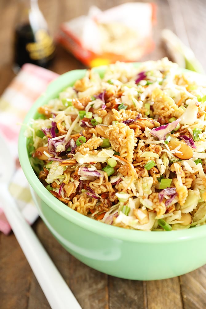 Asian Inspired Ramen Slaw in a green bowl
