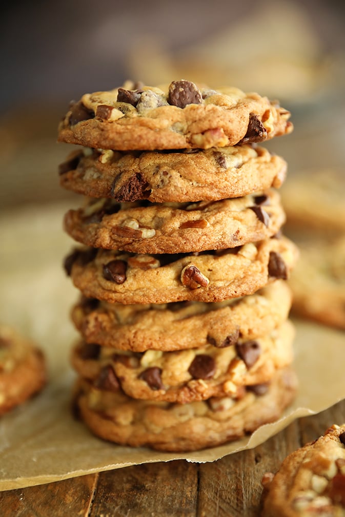 Stack of Chocolate Chip Pecan Cookies.