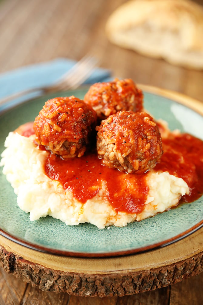 Porcupine Meatballs served over mashed potatoes