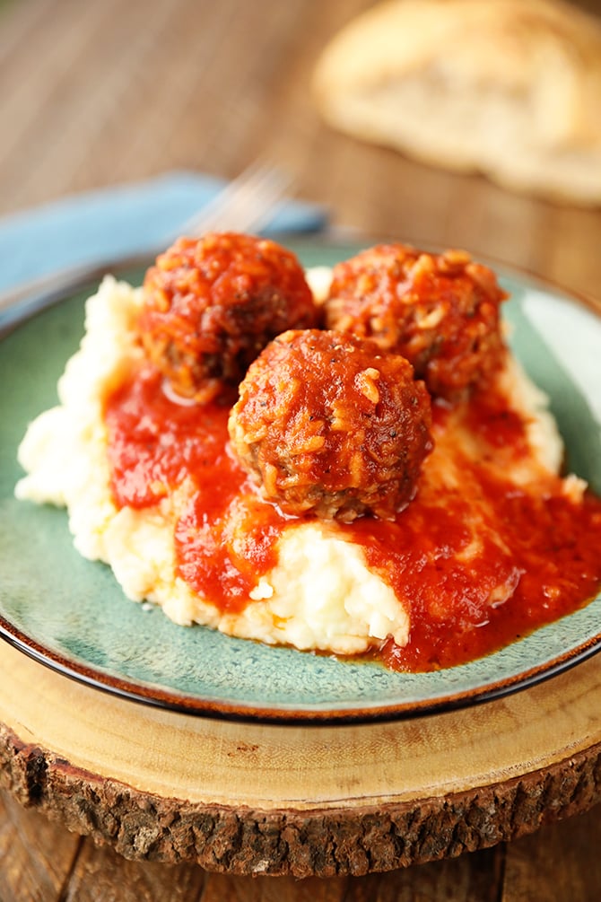Porcupine Meatballs served over mashed potatoes