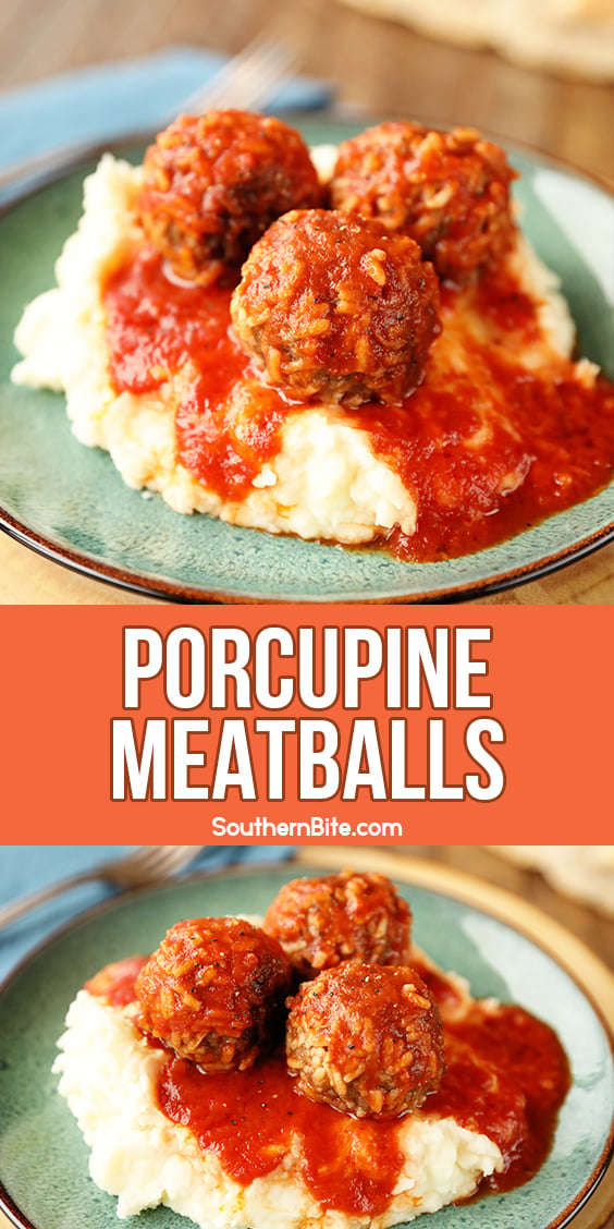 Porcupine Meatballs served over mashed potatoes for Pinterest