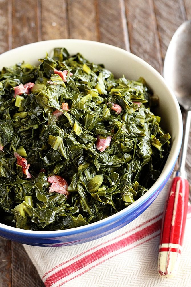 Collard Greens in a blue bowl