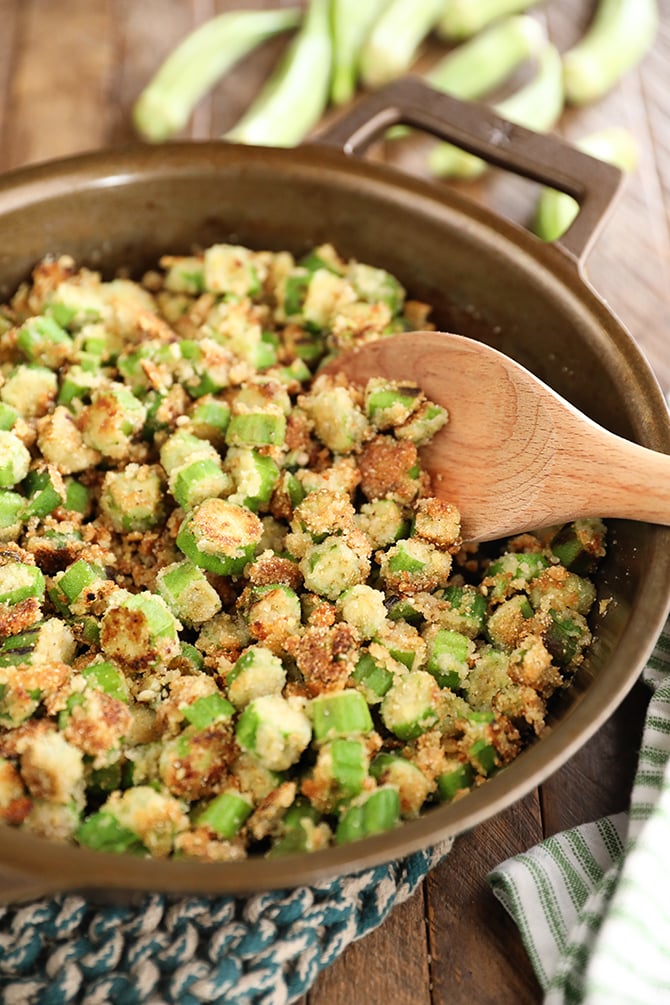 Fried okra in a cast iron skillet