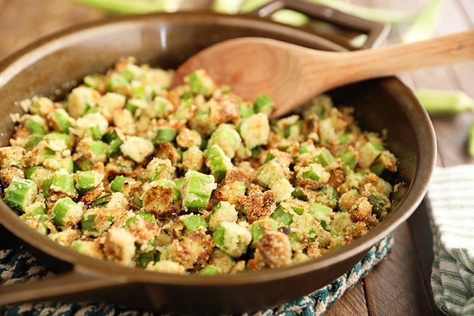 Fried okra in a cast iron skillet