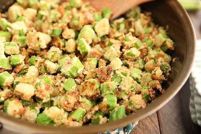 Fried okra in a cast iron skillet