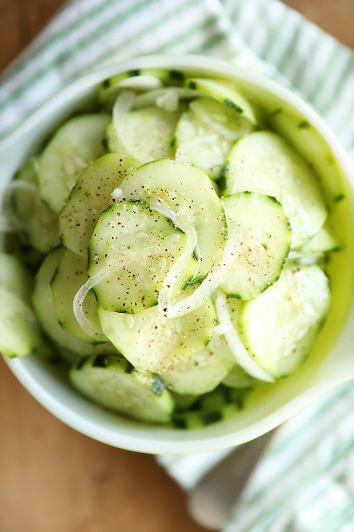 Overhead shot of Simple Cucumber and Onion Salad in a bowl.