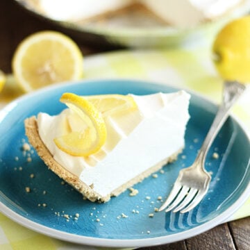 Lemonade Pie on Blue Serving dish