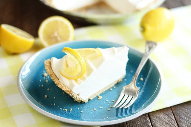 Lemonade Pie on Blue Serving dish