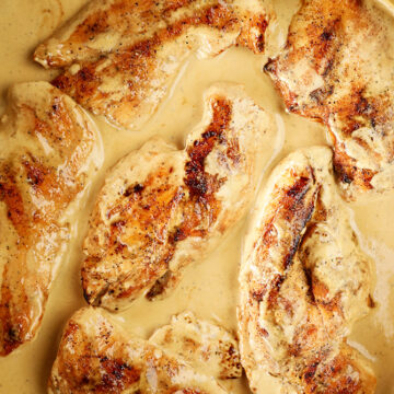 Seared chicken breasts in cream cheese pan sauce