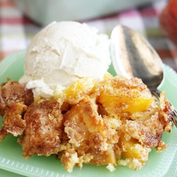 Peach Cobbler with scoop of ice cream on top