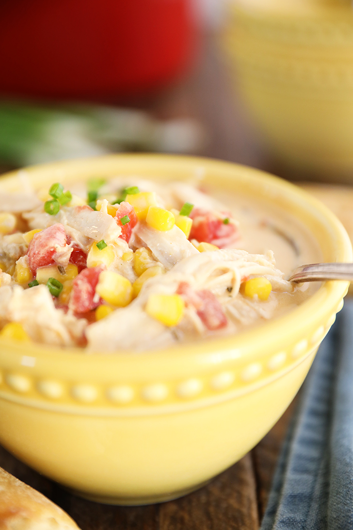 Yellow bowl with Chicken Corn Chowder.