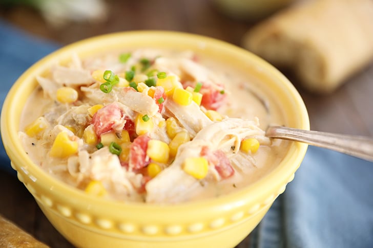 Yellow bowl with Chicken Corn Chowder in it.