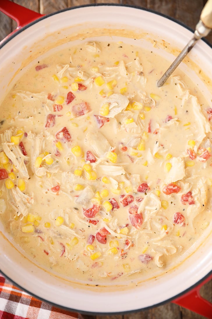 Pot with Chicken Corn Chowder in it.
