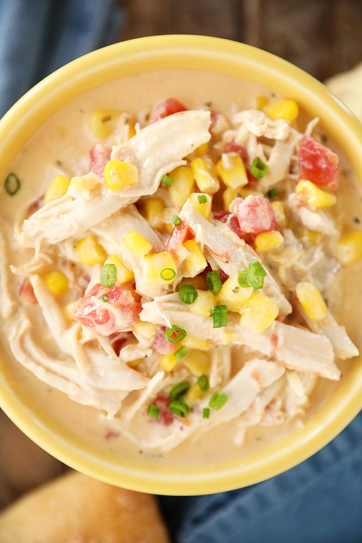 Overhead view of Chicken Corn Chowder in a bowl.