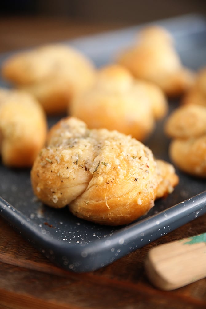 Easy Garlic Parmesan Knots on a sheet pan