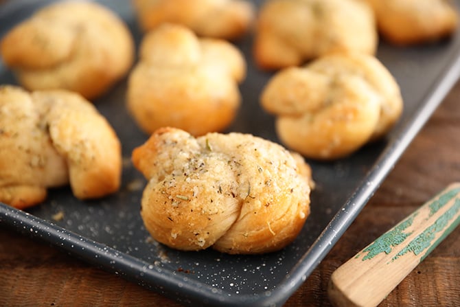 Easy Garlic Parmesan Knots on a sheet pan