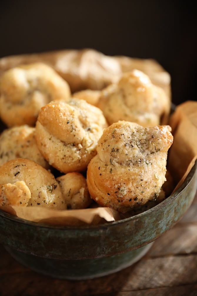 Basket filled with Easy Garlic Parmesan Knots