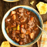 Overhead view of Slow Cooker Beef Stew in a bowl.