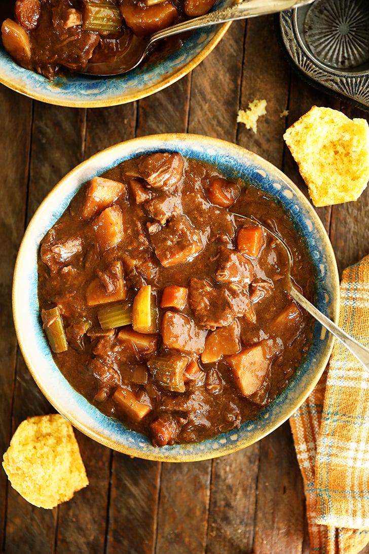 Overhead view of Slow Cooker Beef Stew in a bowl.