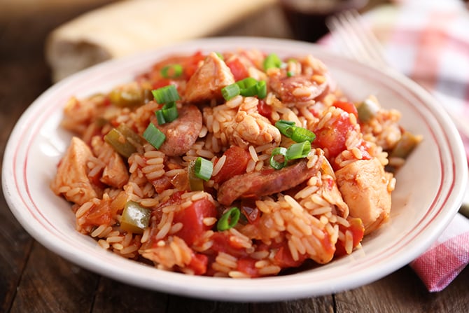 Chicken and Sausage Jambalaya served in white bowl