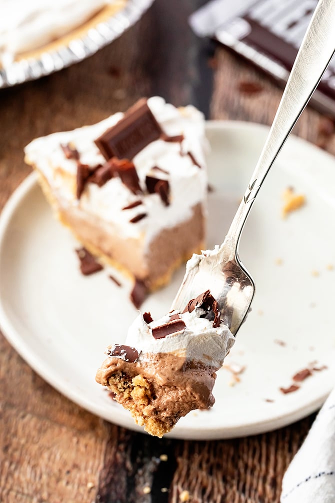 Bite of Hershey's Chocolate Bar Pie on a fork