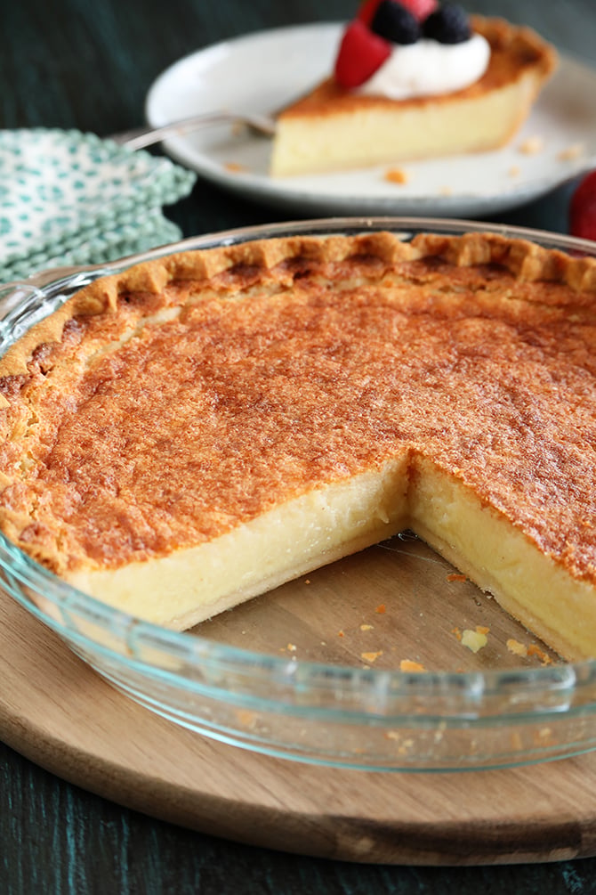 Buttermilk pie with slice missing