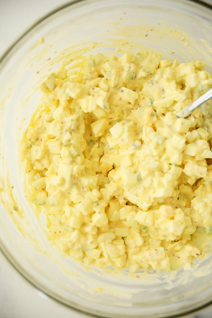 egg salad in a clear bowl.