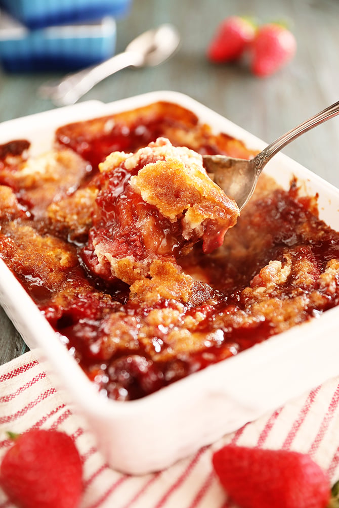 Strawberry Cobbler on White and red towel