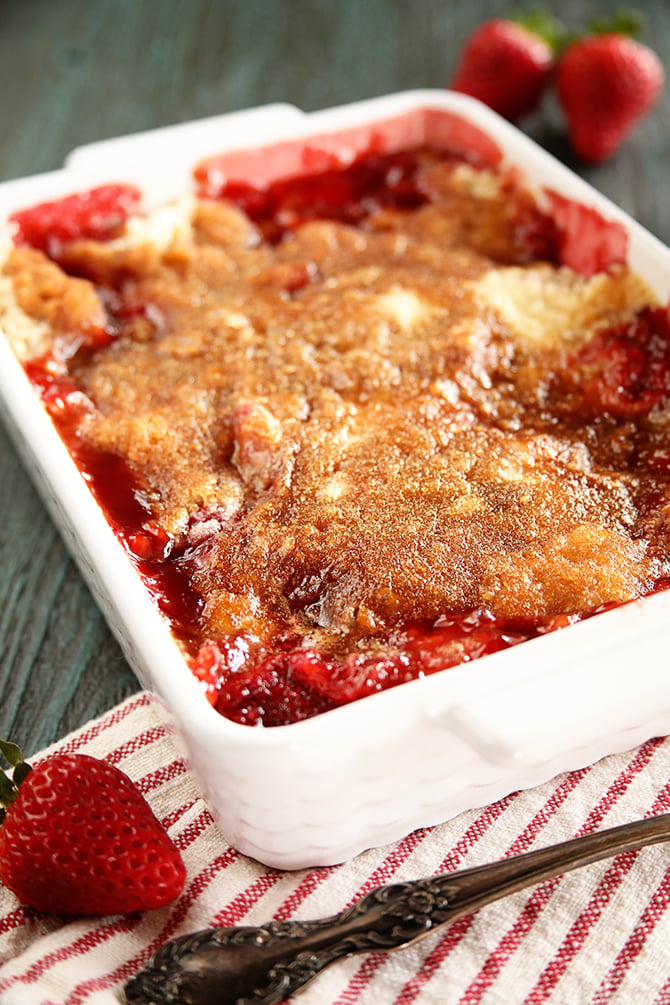Strawberry Cobbler in white baking dish