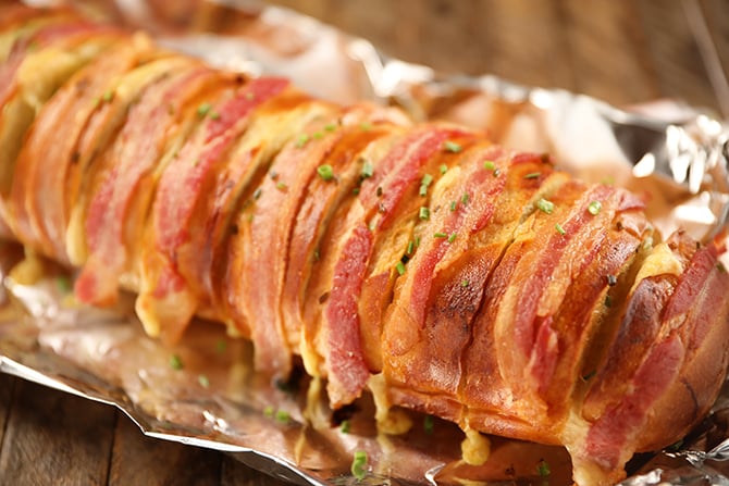 Cheesy Swiss Bacon Bread on aluminum foil