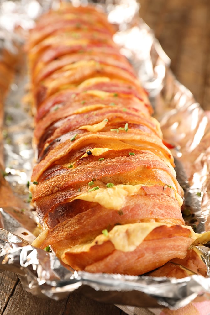 Cheesy Swiss Bacon Bread on aluminum foil
