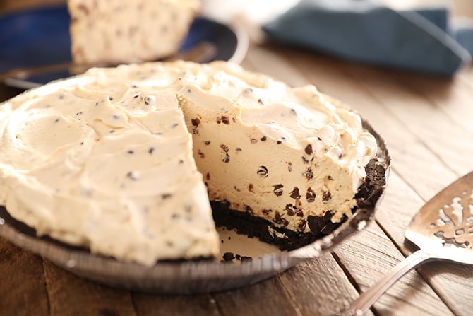 Chocolate Chip Peanut Butter Pie with piece missing