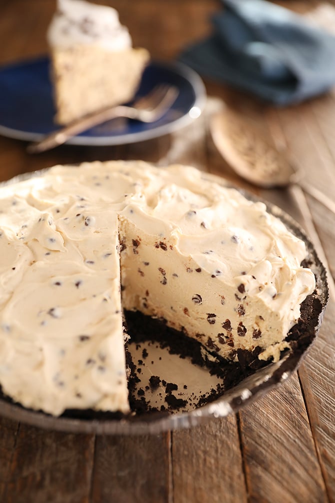 Chocolate Chip Peanut Butter Pie with piece missing