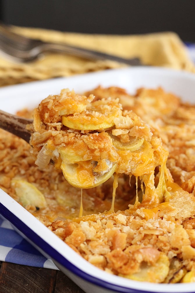 Squash casserole being served